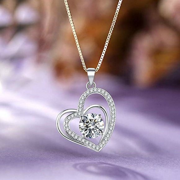 Silver Diamond Zircon Romantic Layer Heart Pendant Chain Necklace 2.04ctw - Picture 4 of 5